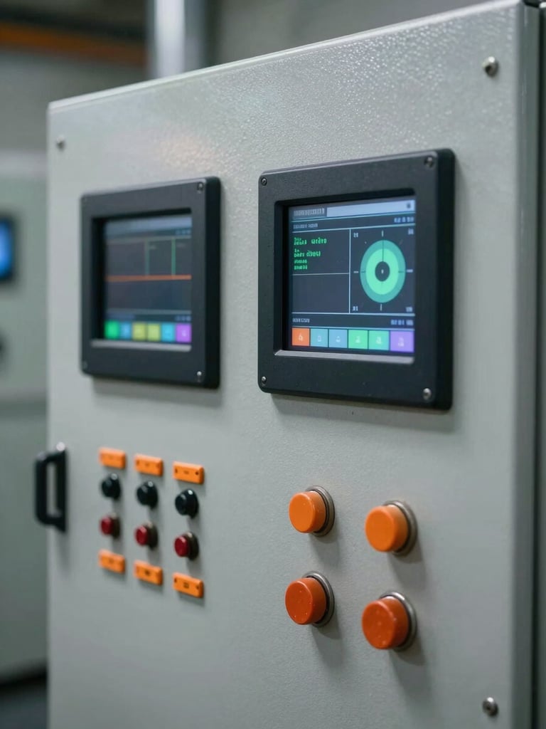 Close-up of a modern high-capacity generator control panel with active digital telemetry screens, metallic steel texture, safety orange accents, sharp focus, industrial setting.