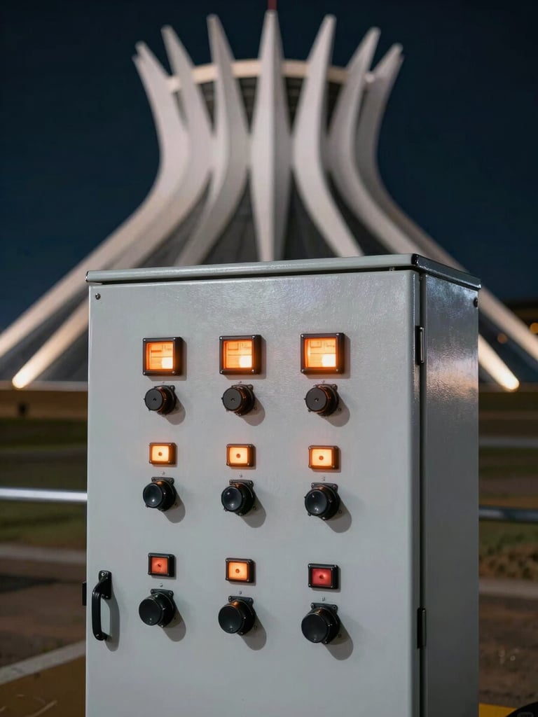 Close-up of a pristine industrial generator control panel, glowing orange indicators, night setting with sharp contrast, modern Brasília architecture blurred in the background.