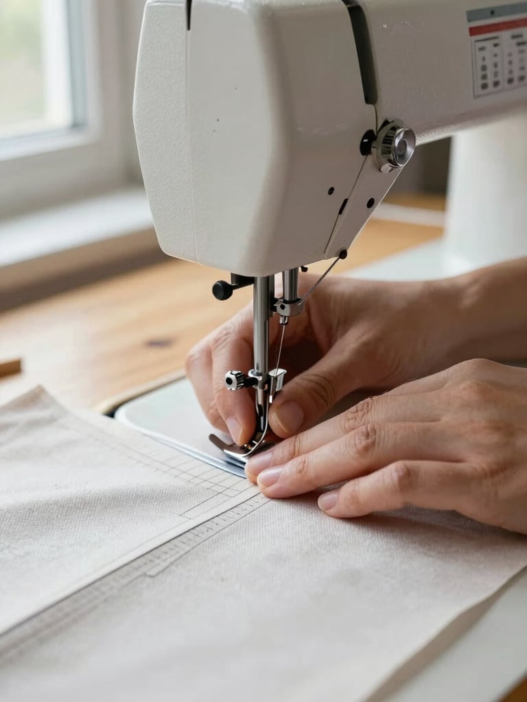 Close-up of tailor's hands guiding patterned fabric under a sewing machine needle, natural window light from the left, wooden worktable visible in background