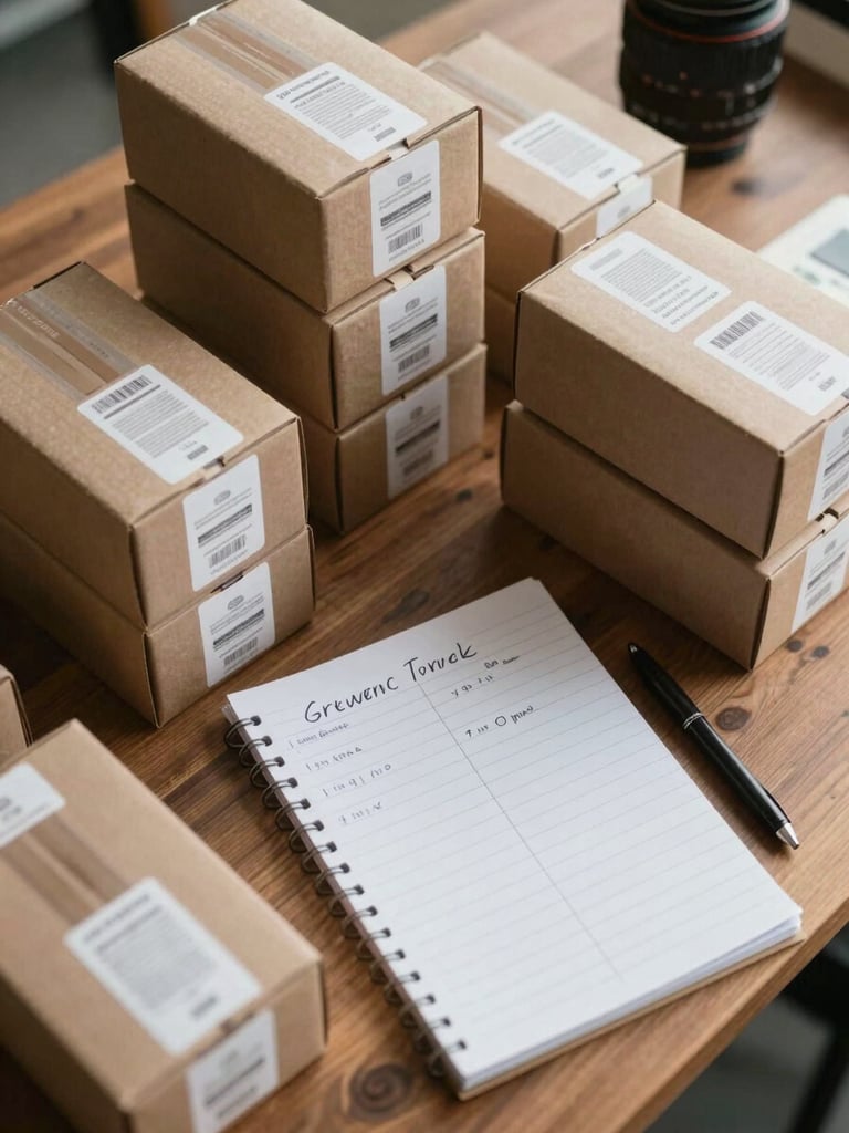 Overhead flat-lay of small business inventory — neatly stacked product boxes and a handwritten order ledger on a wooden surface, soft daylight from above