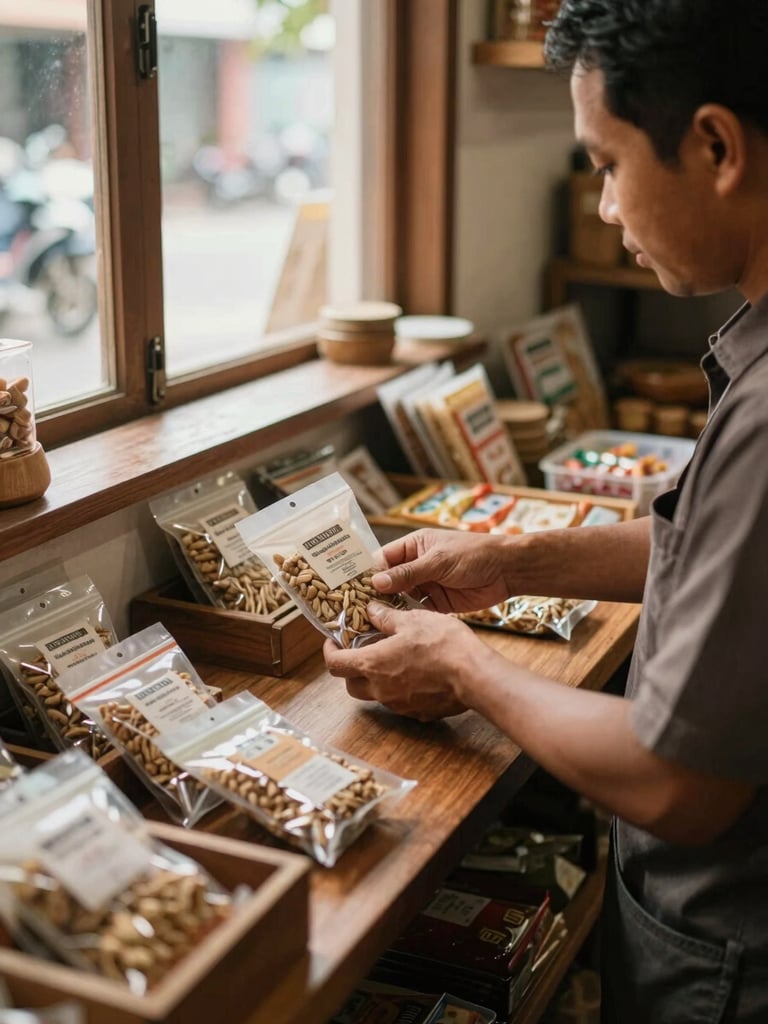 Close environmental shot from slightly above, a shopkeeper at a wooden counter arranging packaged goods under warm natural window light, Indonesian small shop interior visible in background, hands and product in sharp focus, earthy tones