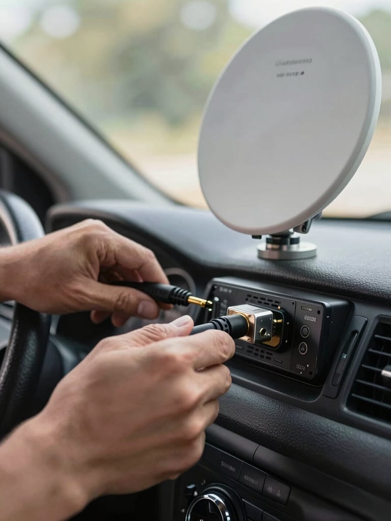 Close-up of a technician's hands connecting a satellite radio antenna cable to a car dashboard head unit, natural window light from the left, cable and connector visible in sharp detail, vehicle interior in soft background