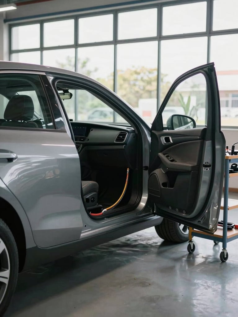 Wide shot inside a clean installation bay, a vehicle with its door open and dashboard partially disassembled, cable runs visible, tools on a rolling cart beside the car, natural daylight through large bay windows