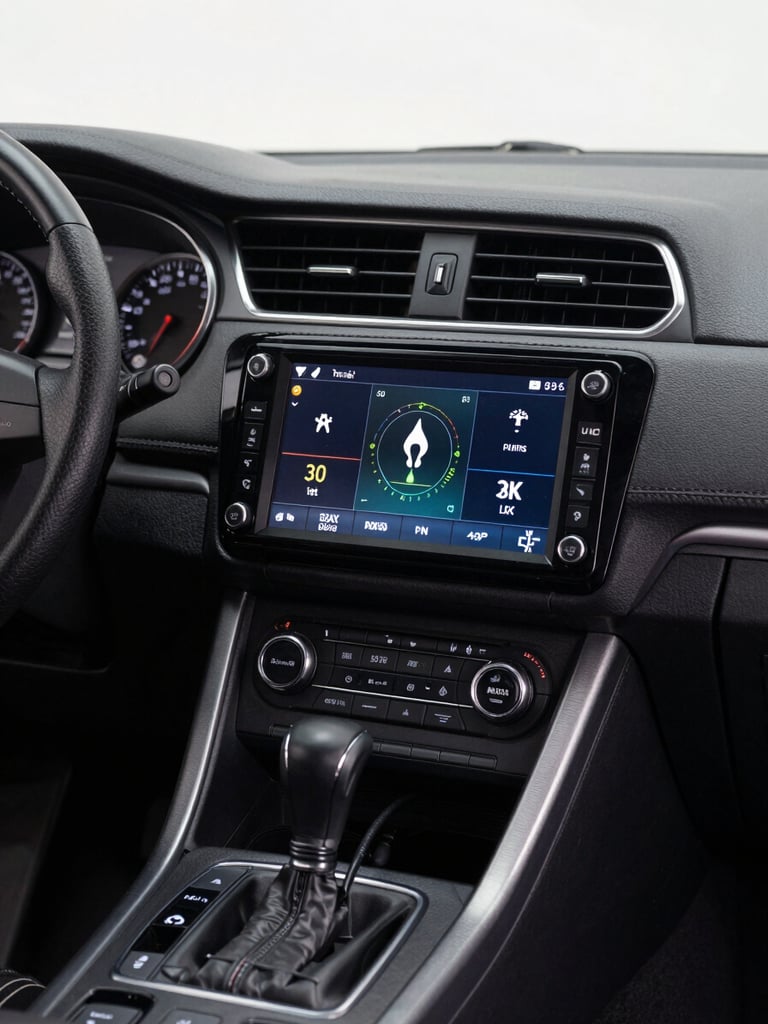 Wide shot of a car dashboard interior showing a satellite radio display unit mounted cleanly in the center console, studio lighting on the screen readout, cables neatly dressed along the dash, no people, instructional clarity