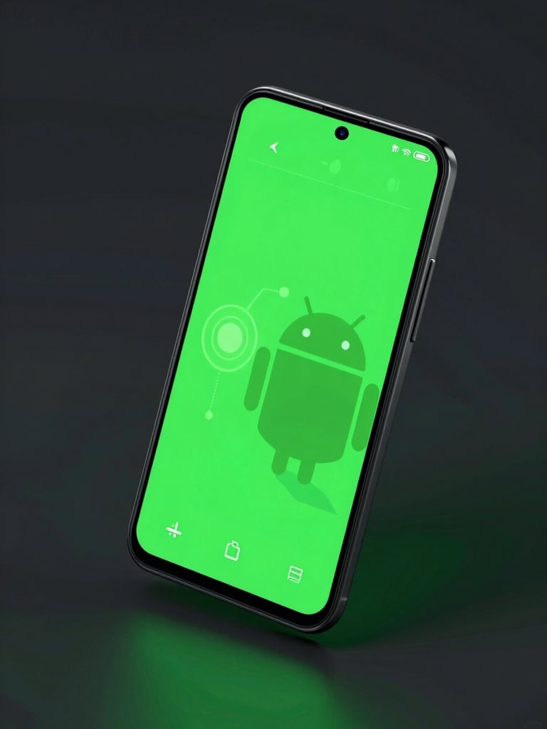 Sleek 3D digital render of a modern Android device displaying a high-refresh-rate vector interface, high-contrast neon green backlighting, deep shadows, isometric perspective
