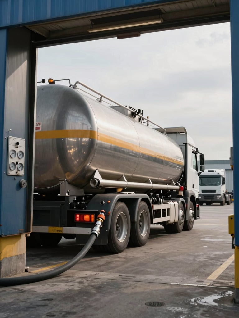 Wide shot of a bulk diesel tanker truck backed into a metered loading bay — hose connection in the foreground, gauge readout panel visible on the left post, overcast daylight illuminating the truck's steel tank, dock infrastructure and secondary truck in soft background focus