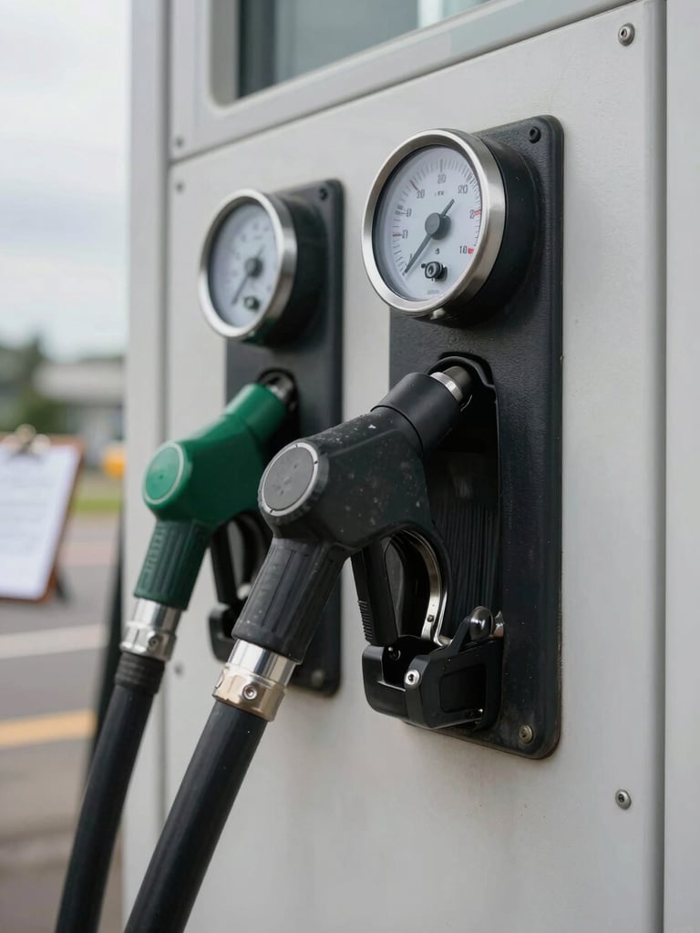Close-up wide shot of a fuel meter readout and hose coupling at a bulk loading rack, steel and rubber fittings in sharp focus, overcast industrial daylight, dispatch clipboard visible in the blurred background