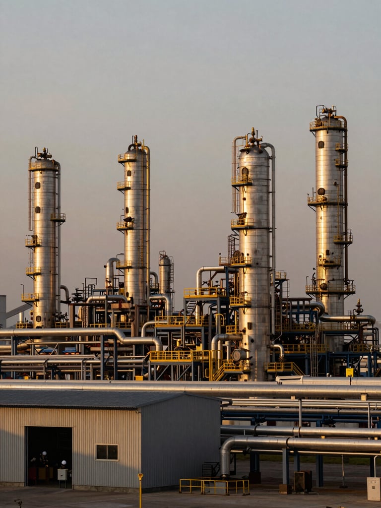Wide environmental shot of a petroleum refinery at golden hour — distillation towers and pipeline infrastructure stretching across the right two-thirds of the frame, overcast amber light raking across the steel surfaces, loading bay foreground in sharp focus, open industrial sky filling the upper third