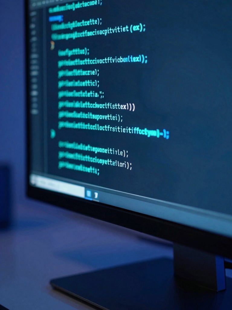 Close-up shot of clean code lines on a vertical dark monitor, glowing neon teal syntax highlighting, soft electric blue ambient light reflecting on a glass desk