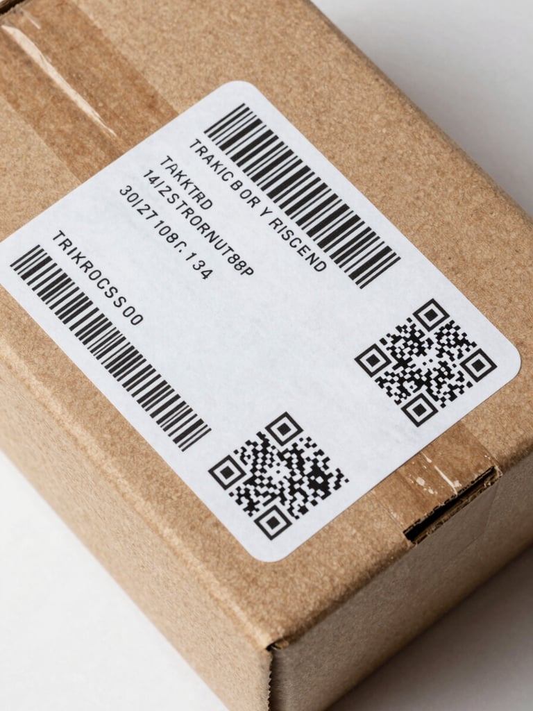 Close-up overhead flat-lay of a shipment label with a tracking barcode and QR code on a sealed cardboard box, natural studio lighting, crisp detail on the printed numbers and scan marks, clean surface beneath