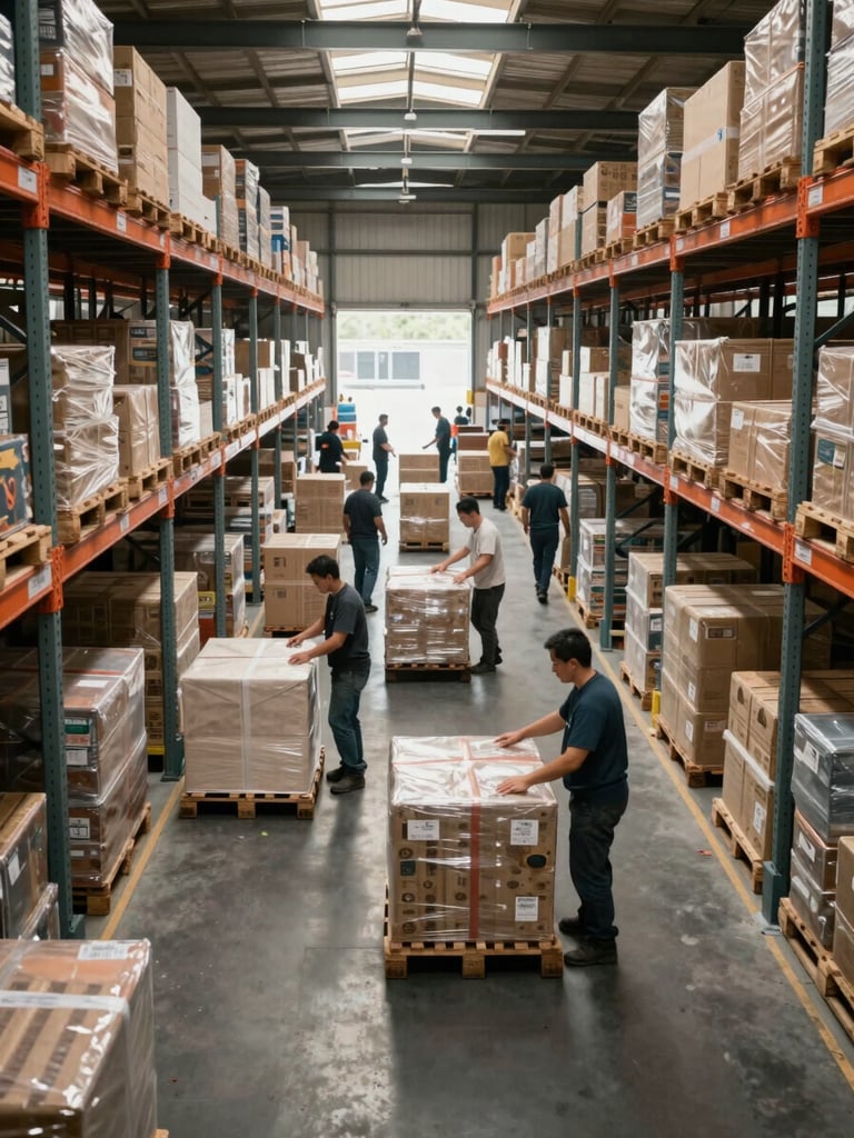 Wide shot of an active warehouse floor in natural daylight, workers moving freight along a central aisle, pallets and shelving receding into depth, overhead skylights casting clean diffused light, showing operational scale and live sorting activity