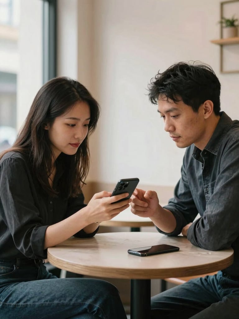 Medium shot of a woman and man seated across from each other at a small cafe table, both looking at a phone screen between them, natural window light from the left, candid and unposed, no filters, clean background