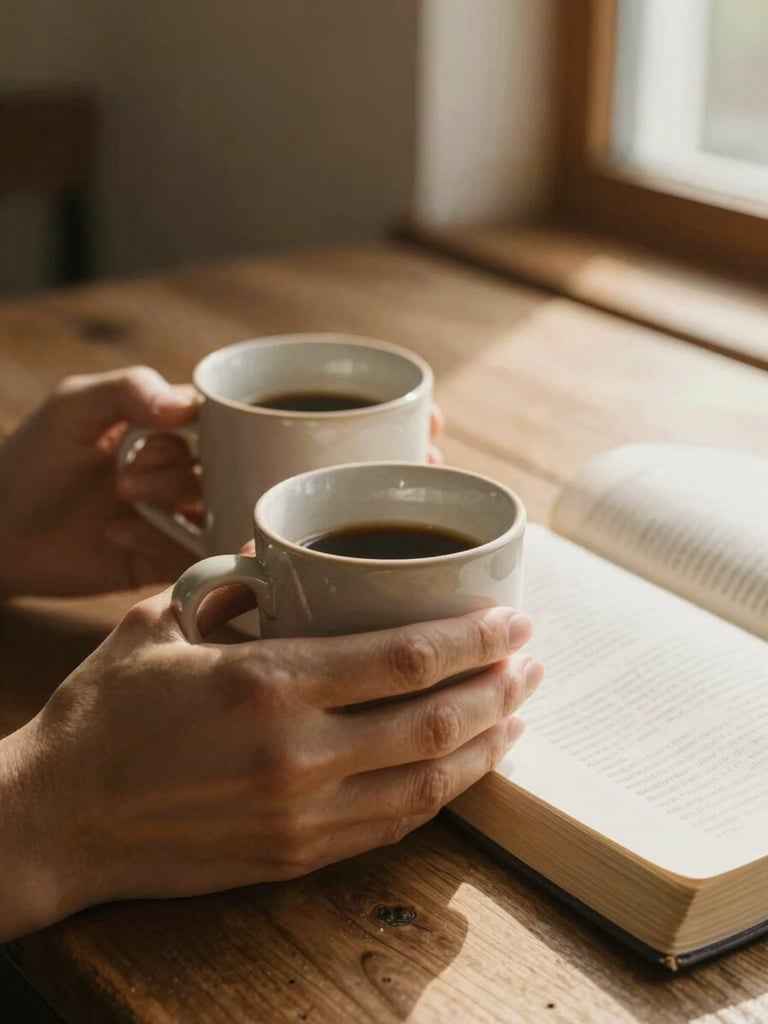 Close-up of hands holding warm ceramic mugs on a rustic wooden table, open Bible nearby, soft natural daylight, shallow depth of field.