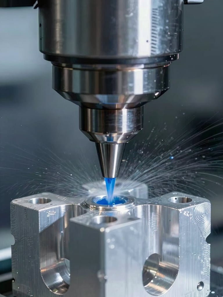 Macro close-up of a high-speed CNC milling tool cutting a complex aluminum block, blue-tinted flood coolant spraying, sharp metallic textures, cool industrial lighting