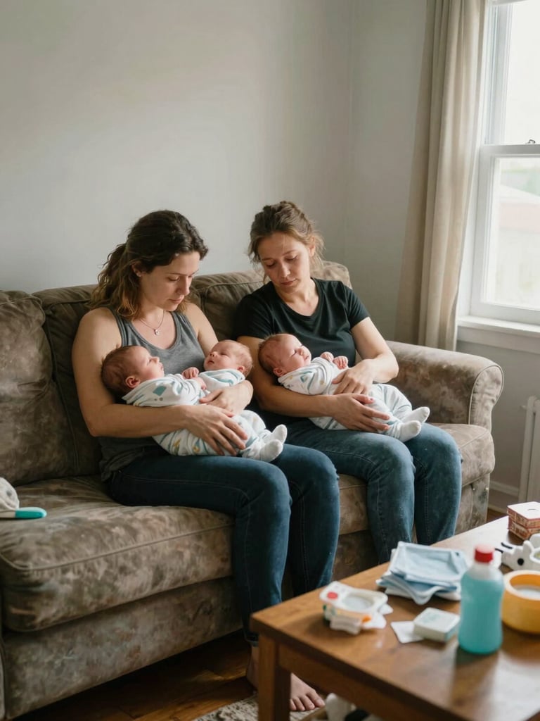 Environmental wide shot inside a small apartment living room, two mothers sitting close on a worn sofa, one holding two swaddled newborns simultaneously while the other leans in with a tired but present expression, natural window light from the right side, no posing, visible clutter of baby supplies on the coffee table in the foreground