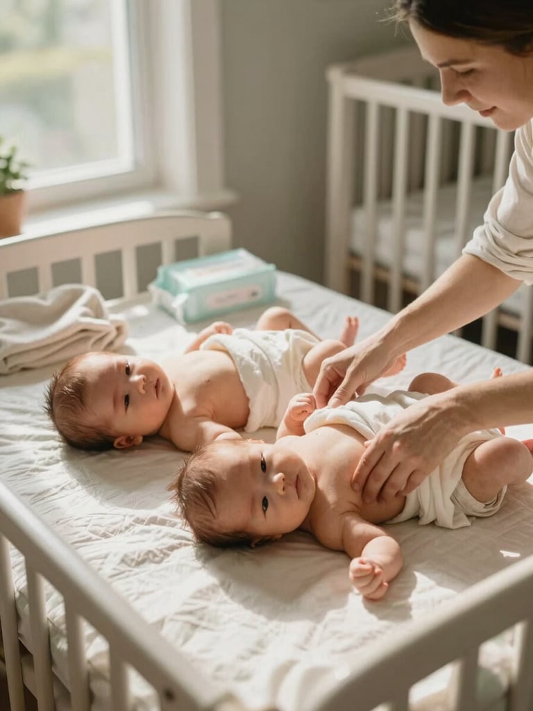 Environmental wide shot inside a real home nursery, natural window light from the left — two newborns lying side by side on a changing mat, a mother's hands adjusting a blanket over both simultaneously, soft shadows, no flash, slightly cluttered background with wipes and a folded cloth visible, warm cream and sage tones