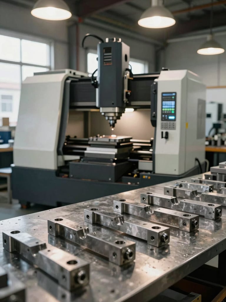 Wide shop floor view showing large CNC turning center and milling machine in background, warm tungsten overhead lights mixing with daylight from factory windows, finished steel parts arranged in a row on a steel surface table in the foreground