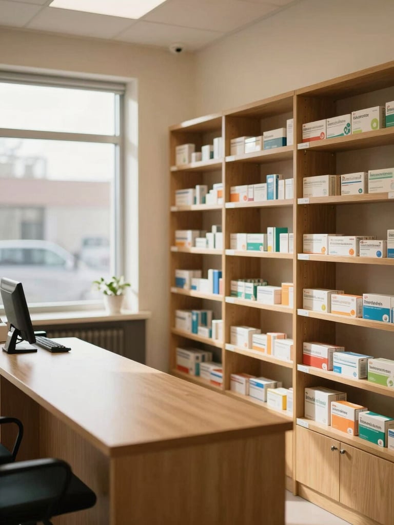 Wide interior of a quiet pharmacy in warm daylight, wooden shelving with medication boxes neatly organized to the right third of the frame, empty consultation counter in the foreground, soft north-facing window light, no people