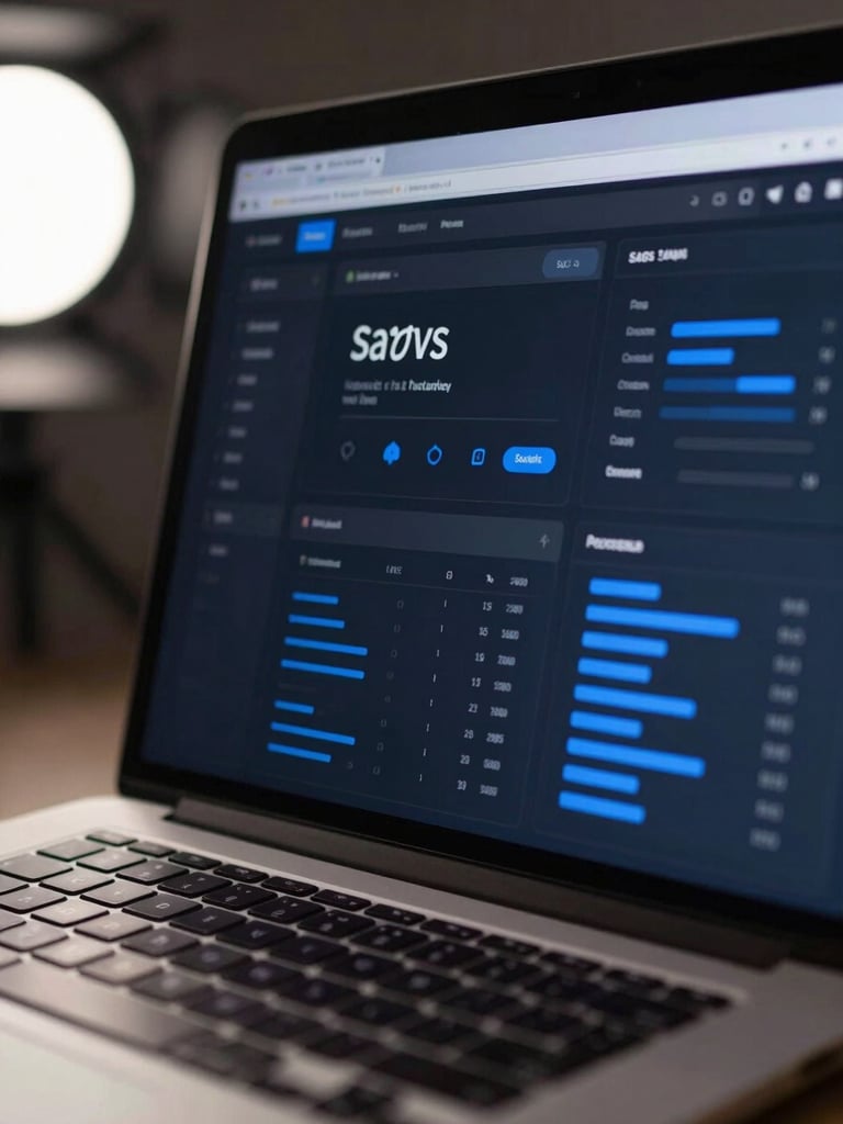 Close-up of a MacBook Pro screen displaying a clean dark-mode SaaS dashboard with blue accent data visualisations, keyboard partially visible at bottom, cool studio light from the left, shallow depth of field