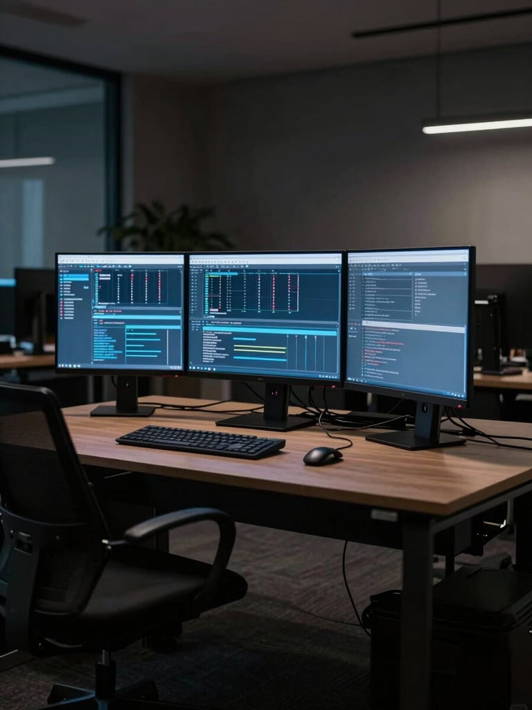 Wide environmental shot looking into a darkened modern office, a single ultrawide monitor casting cool blue light across an empty desk, cables neatly managed behind, no people present — the work already running