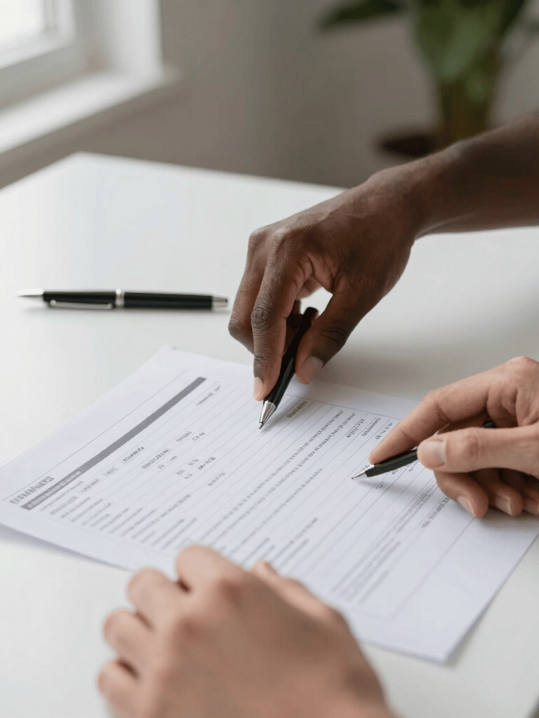 Close-up of hands signing official business documents and contracts with a pen at a desk.