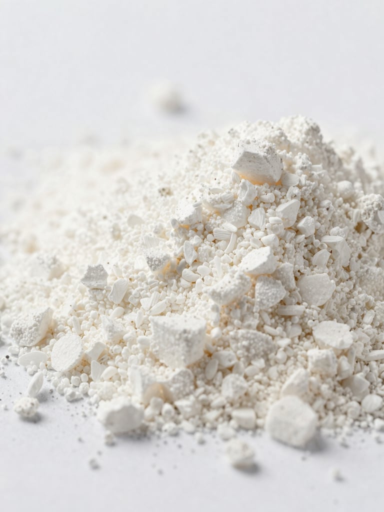 Macro close-up of raw white crystalline micronutrient powder texture, bright clinical lighting, high clarity.
