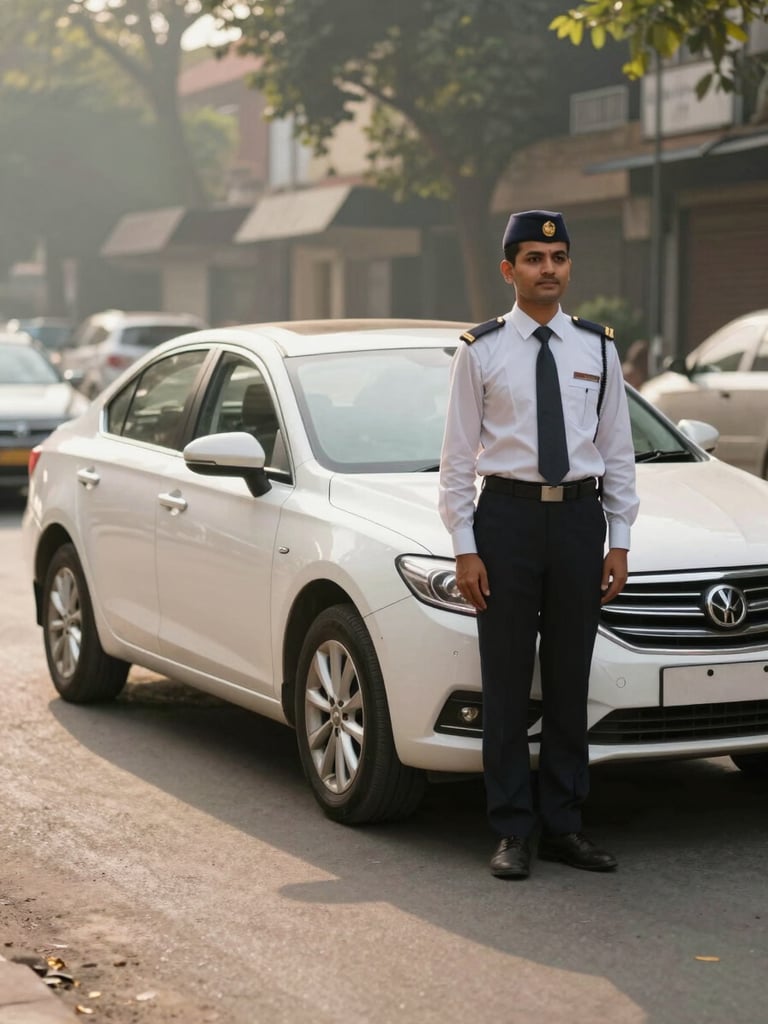 A professional chauffeur in a neat uniform standing politely next to a clean white sedan on a quiet leafy street in Greater Kailash, Delhi, soft morning light