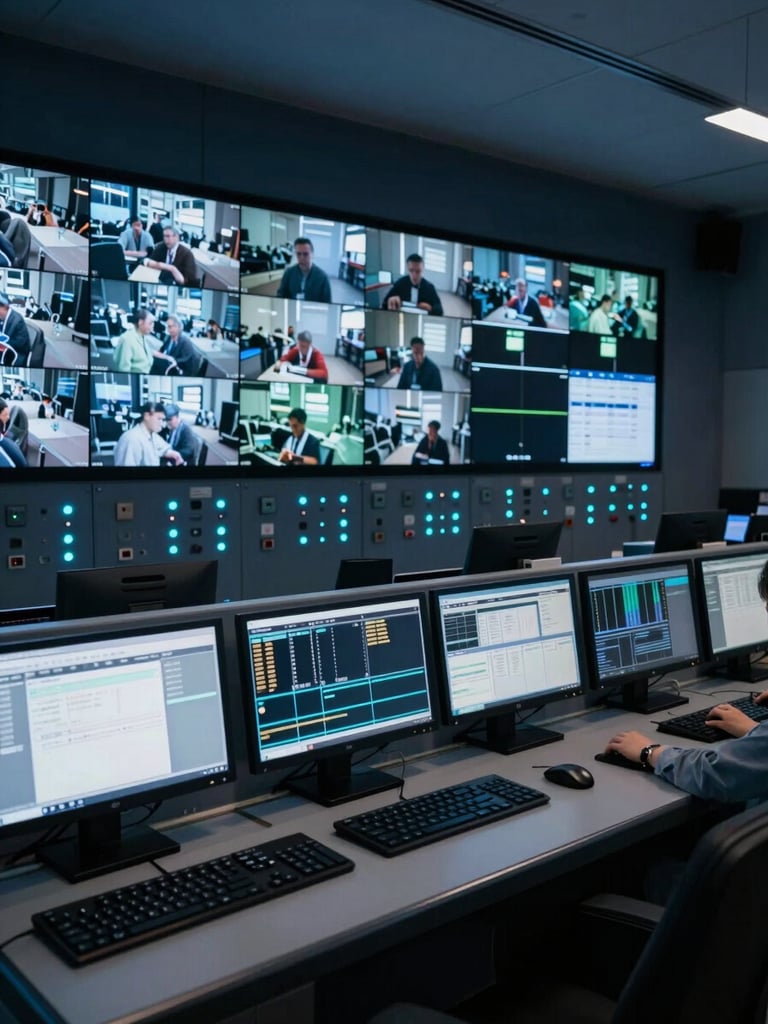 Wide control room interior at night, multiple monitors displaying live camera feeds and access logs, cyan LED status indicators glowing on wall-mounted alarm panels, deep navy ambient light, tight crop on the central operator console showing real-time data streams