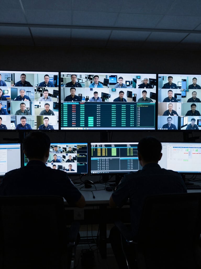 Wide shot of a security operations center at night, three large monitors showing live camera grids and access event timelines with cyan and white data overlays, operator silhouette at workstation, deep navy ambient light, no visible faces