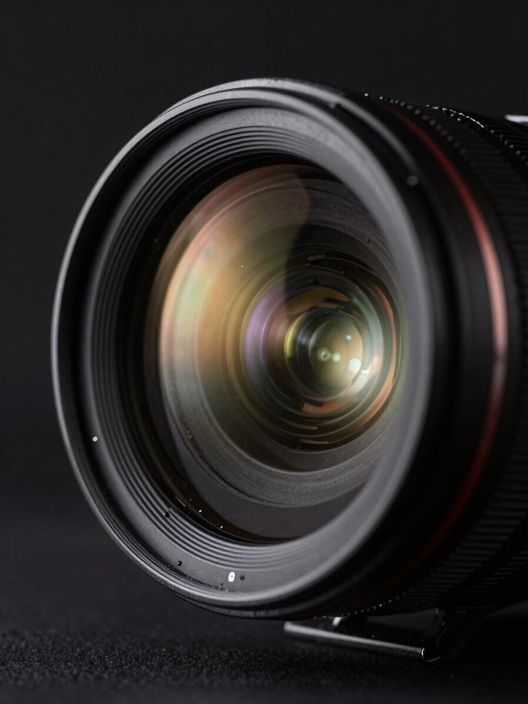 Extreme close-up of a professional camera lens reflecting dramatic studio lights, dark moody background, high-contrast chiaroscuro