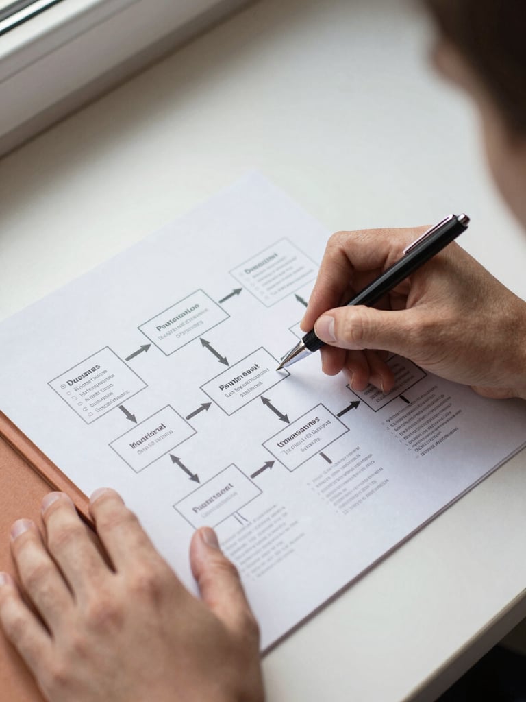 Close-up overhead flat lay of hands annotating a structured business framework document on a clean desk, fine-tipped pen marking connections between process stages, soft natural window light from the top left, terracotta notebook edge visible at one corner, calm ordered composition, no digital screens