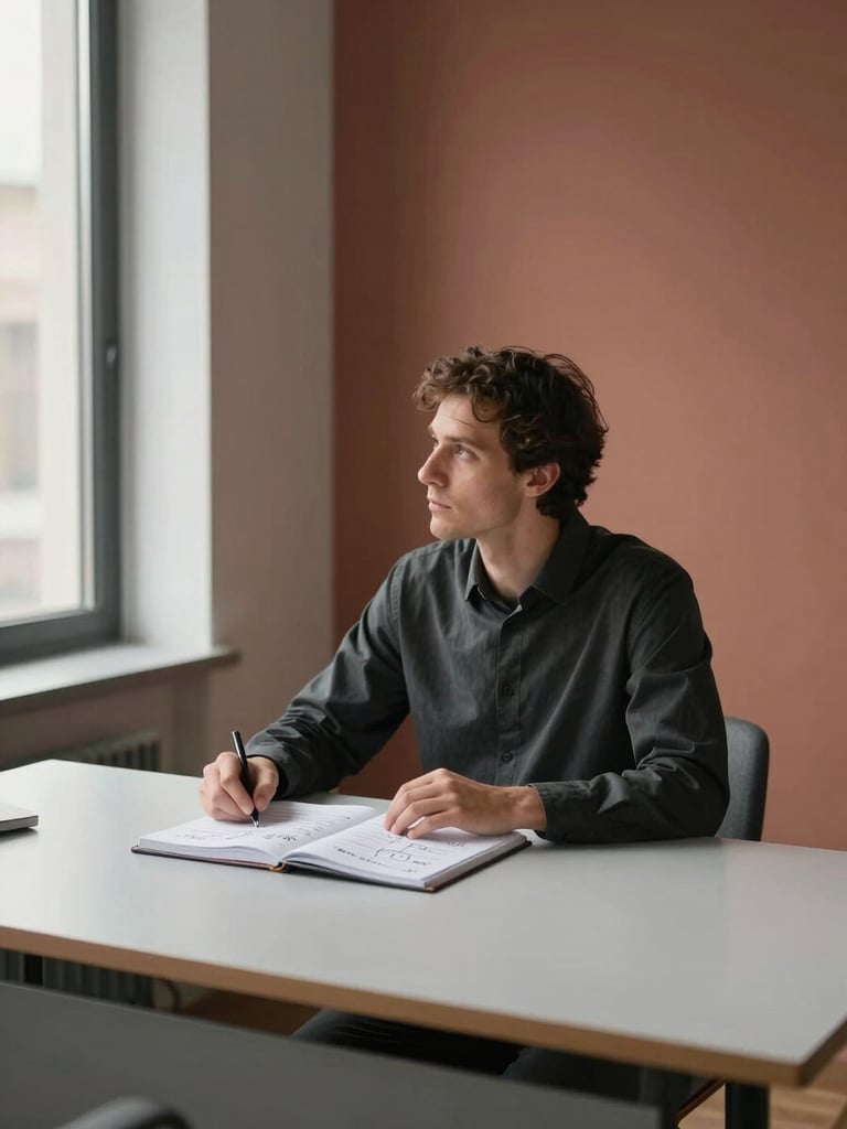 Wide environmental shot, consultant in medium-distance seated posture at a clean minimal desk, hands resting on an open notebook with handwritten framework annotations, soft north-facing window light entering from the left, muted terracotta and warm grey tones in the room, calm ordered interior, no screens visible, portrait aspect ratio