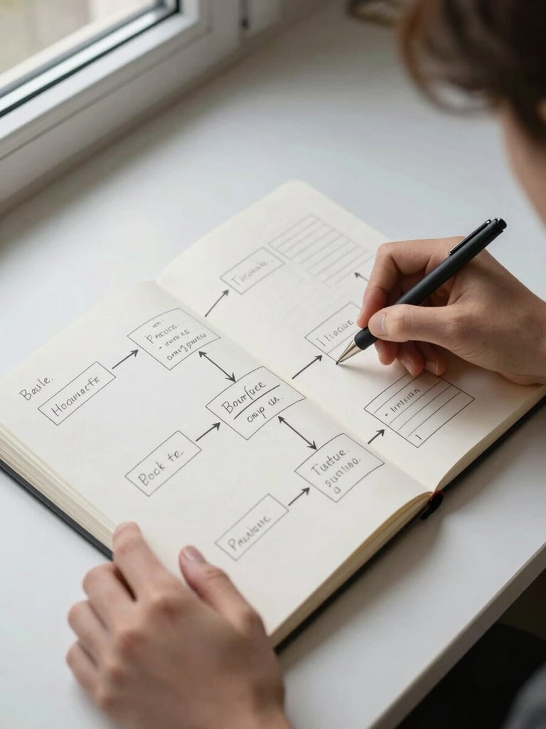 Close overhead view of a large open notebook on a minimal desk, hands using a fine-tipped pen to annotate a structured flow diagram with arrows and labeled boxes, soft north-facing window light falling from the left, clean white paper, deliberate marks visible mid-stroke