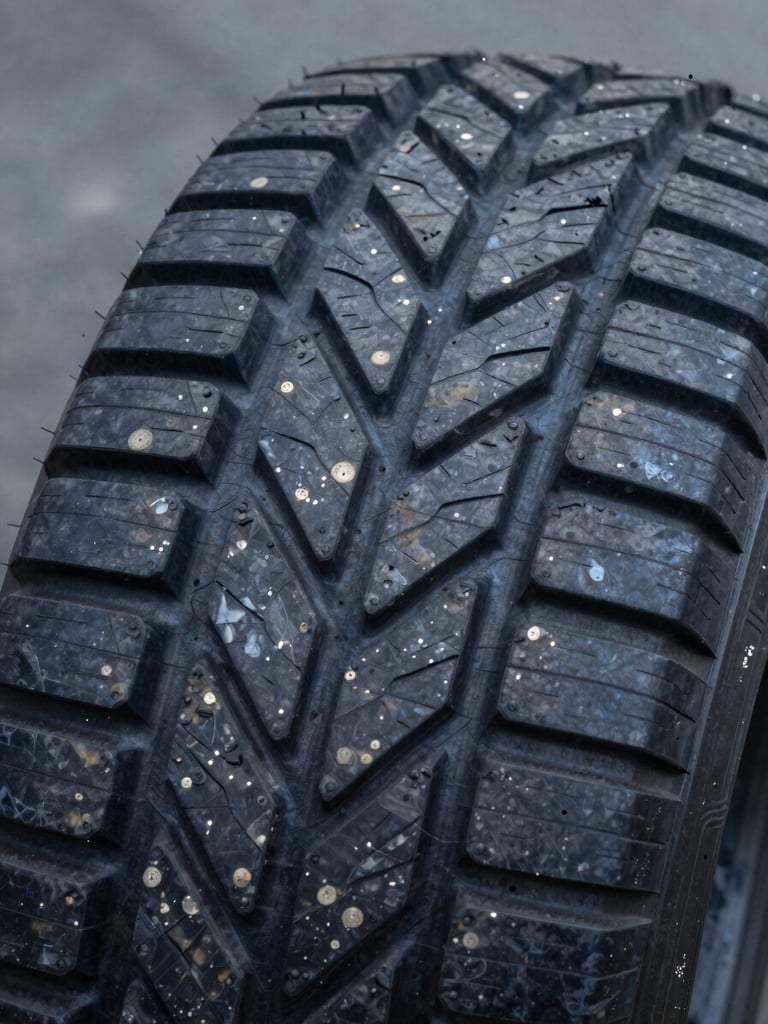 Macro detail of a high-performance commercial tyre tread pattern, sharp focus, industrial lighting