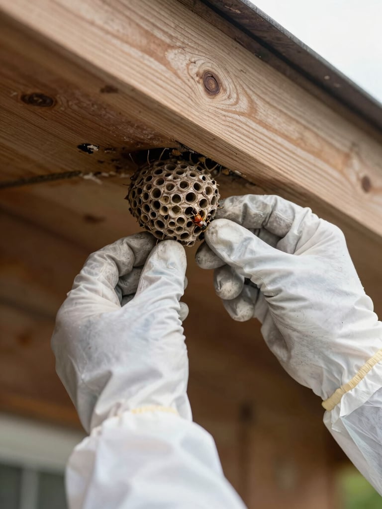 Close-up of a technician's gloved hands carefully removing a wasp nest from a wooden eave in natural daylight, protective suit sleeve visible, unpainted wood grain in sharp detail, calm and methodical framing