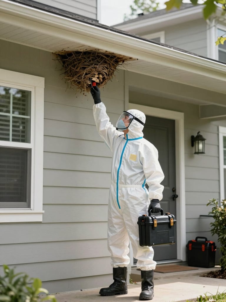 Wide shot of a suited pest control technician standing at the exterior wall of a residential property in natural daylight, protective gear on, equipment case at side, ready to assess a nest site visible on the eave above