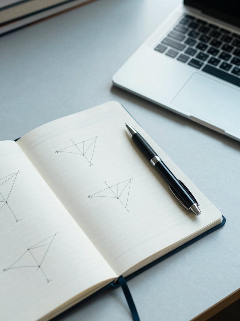 A clean overhead shot of a modern desk with a structured notebook showing geometric diagrams, a technical pen, and a laptop, cool blue tones, daylight
