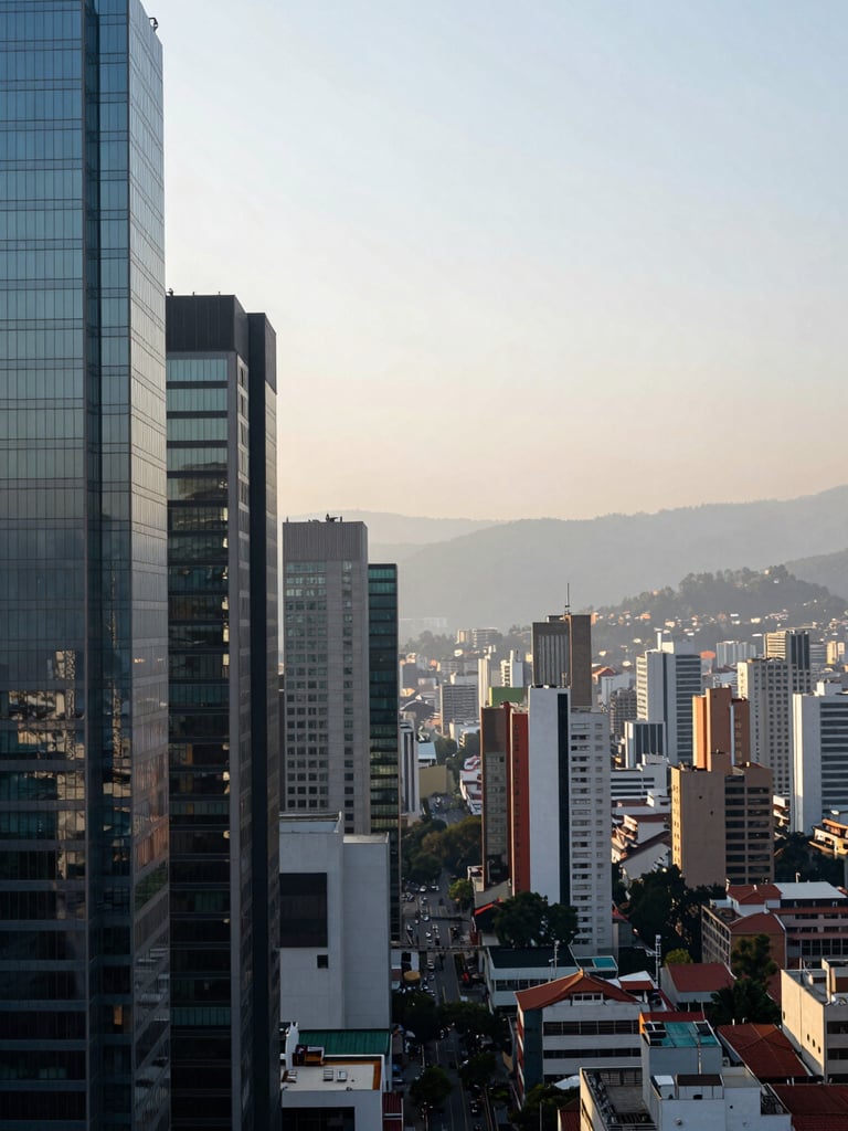 Panoramic early-morning skyline of Bogotá seen from a high floor, glass office towers in the foreground left, city extending into haze toward right, cool natural light, no people, architectural scale
