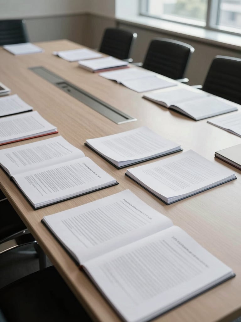 Wide-angle view from above of a legal conference room, open documents and bound dossiers spread across a long table under north-facing daylight, no people, clean architectural lines