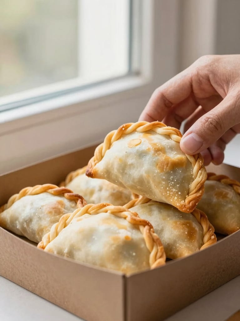 Close-up of golden-brown empanadas being carefully placed into a rustic brown cardboard box, warm morning window light, shallow depth of field