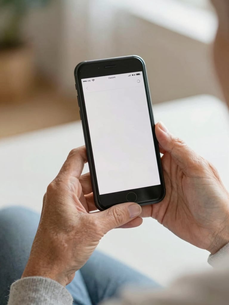 Close up of hands of an older adult holding a smartphone displaying a clean application interface, soft natural light, authentic lifestyle photography