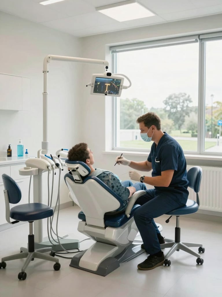 Wide shot of a bright dental operatory interior, natural daylight through large windows illuminating clean white surfaces and clinical equipment, one patient seated in the chair during a consultation, specialist leaning attentively, side angle, calm and purposeful atmosphere