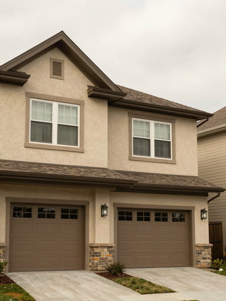 A clean, warm-toned architectural exterior of a modern American suburban duplex, soft natural overcast daylight, professional editorial real estate photography