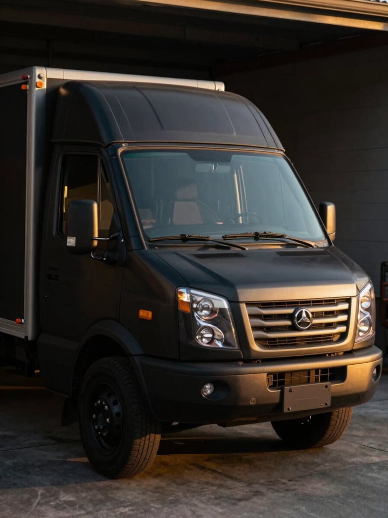 A clean, organized local service truck parked in a driveway, warm low-key golden hour light, matte black paint details, professional workshop feel