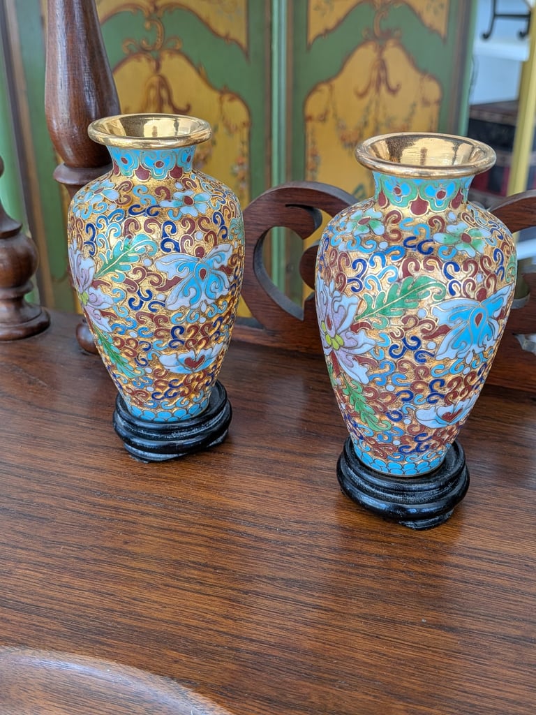 Pair of vintage Chinese cloisonné enamel vases.