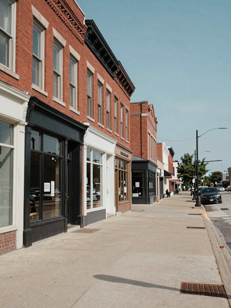 Close wide shot of a Bismarck, North Dakota Main Street block at midday, historic brick facades lining the left side, an empty sidewalk receding into the distance, flat cool daylight, architectural documentary tone