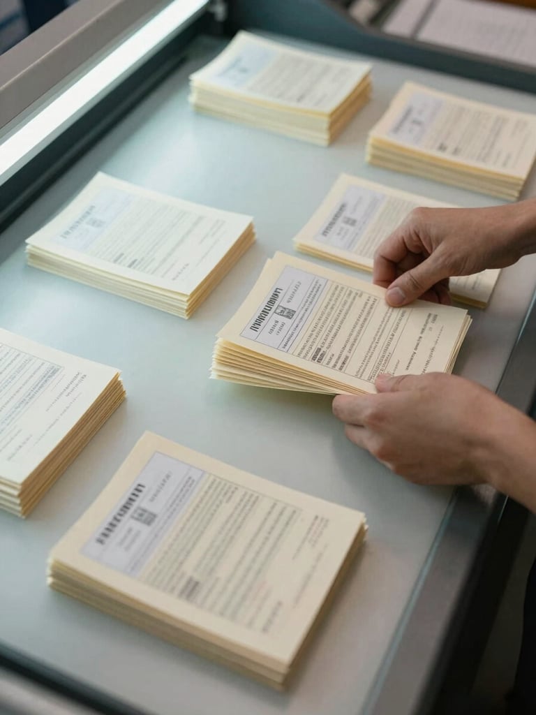 Close overhead shot of hands sorting printed direct mail pieces on a light table, organized piles by precinct, cool ambient fluorescent light, no faces visible, mailing labels and ink visible on cream-colored paper stock