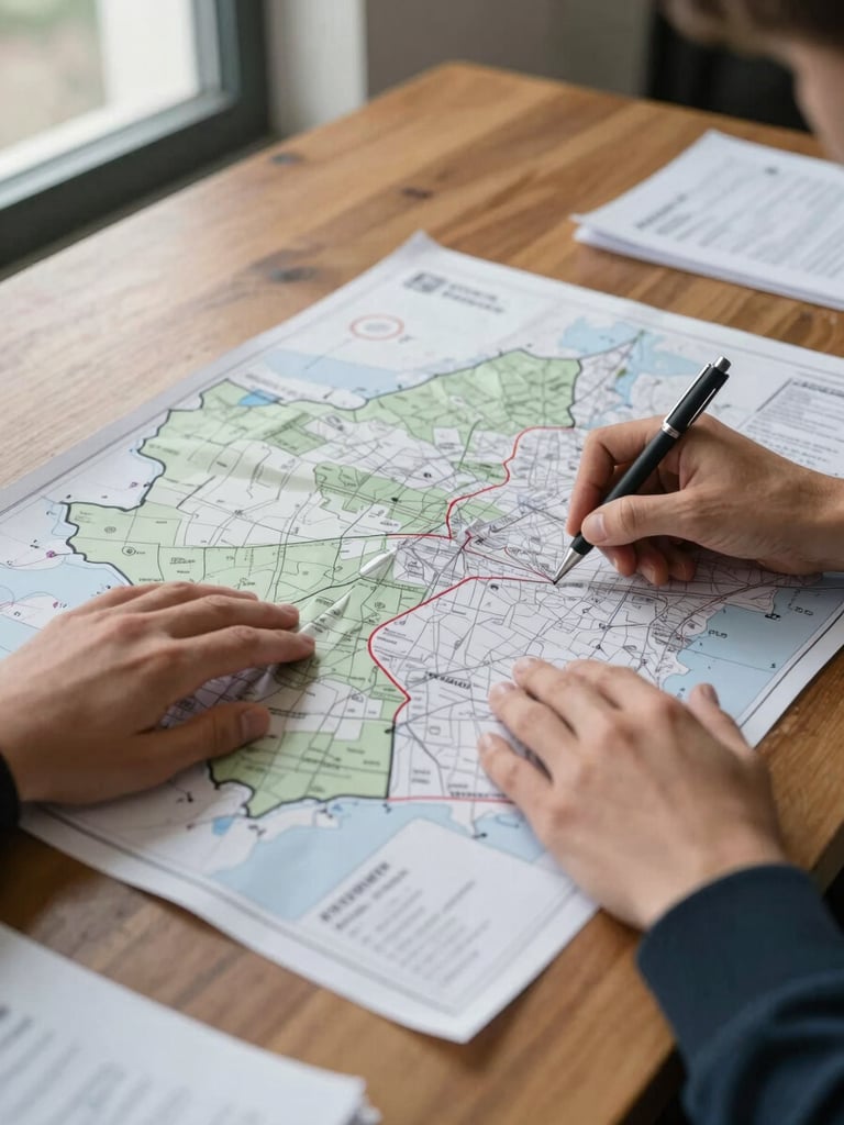 Close-up of hands pressing flat a large printed precinct map on a wide wooden table, a pen marking district boundaries, cool window light from the left, printed briefing sheets visible at the edges, documentary framing, no people's faces visible