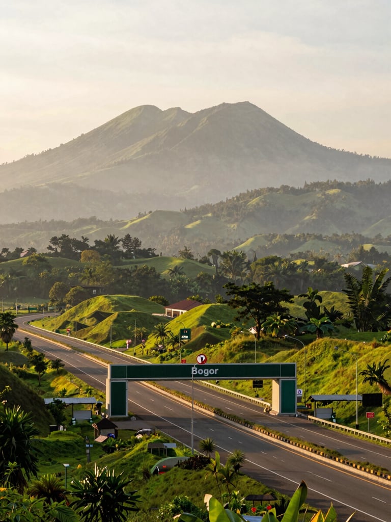 Wide-angle editorial photo of a modern highway exit in Bogor with lush green hills and Mount Salak towering in the background, soft morning light, 35mm lens