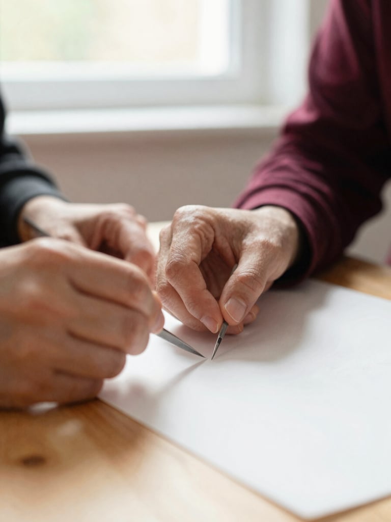 Close-up of hands engaged in a creative craft activity on a wooden table, soft natural light filtering from a window, warm tones, shallow depth of field